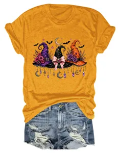 Women Halloween Witch Hats Short Sleeve Tee T-Shirt Casual Cute Crewneck Top Blouse