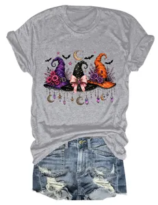 Women's Halloween Witch Hat Bat Moon Print Casual Round Neck Short Sleeve T-Shirt