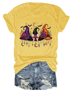Halloween witch hats graphic yellow short sleeve t-shirt with blue denim shorts details.