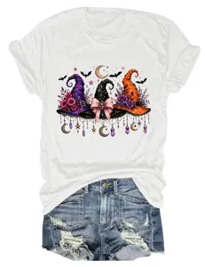 Women Halloween Witch Hat Bat Moon Short Sleeve T-Shirt Casual Round Neck Tee Tops