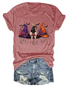 Witch hat graphic print women short sleeve round neck t-shirt with distressed denim shorts