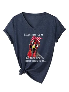 Women V-Neck Short Sleeve T-Shirt Funny Chicken Graphic Casual Summer Tee Tops