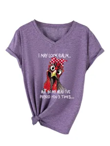 Casual women funny chicken print V-neck short sleeve summer purple knotted t-shirt
