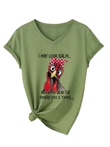 Women V-Neck Short Sleeve Casual T-Shirt Funny Chicken Graphic Summer Tee Tops