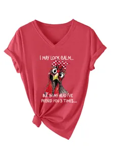 Women's V-Neck Short Sleeve Casual T-Shirt Funny Chicken Graphic Print Red Tee Top
