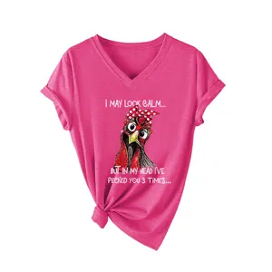 Women Pink V-Neck Short Sleeve T-Shirt Casual Funny Chicken Graphic Tee Shirts Top