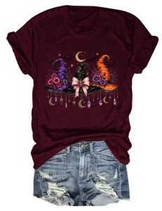 Women Halloween Witch Hats Graphic Short Sleeve Casual Round Neck Maroon T-Shirt Top