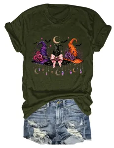 Detailed view of the army green short sleeve t-shirt featuring a spooky Halloween witch hat graphic.