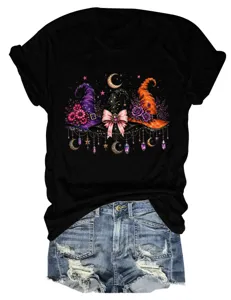Women Halloween witch hats graphic short sleeve tee black casual t-shirt top dressy