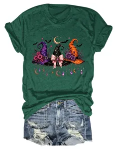 Women dark green short sleeve t-shirt with halloween witch hats moon graphic casual tee.