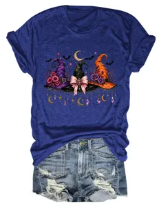 Detailed view of the dark blue short-sleeve women t-shirt featuring a witch hat Halloween print.