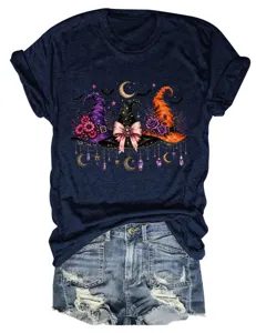 Womens witch hats graphic short sleeve tee shirt with moon star and cute denim shorts.