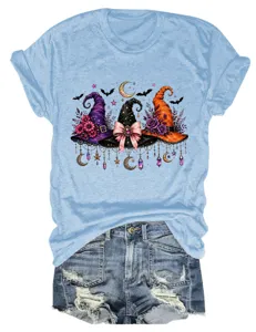 Casual women short sleeve graphic tee featuring three witch hats, moon and stars design top.