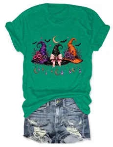 Women Halloween Witch Hat Graphic Print Short Sleeve T-Shirt Casual Crew Neck Green Top