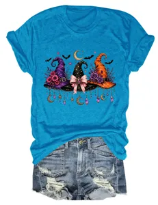 Women's cute witch hats graphic short sleeve t-shirt casual blue crew neck top tee.