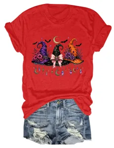Women red short sleeve t-shirt with halloween witch hats graphic, casual round neck tee.