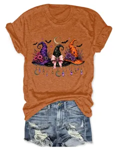 Women Halloween Witch Hats Graphic T-Shirt Casual Short Sleeve Crewneck Orange Top S