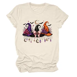 Casual beige women's short sleeve t-shirt featuring a cute witch hat graphic print.