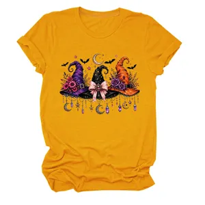 Women casual crewneck short sleeve t-shirt featuring a spooky Halloween witch hat graphic print.
