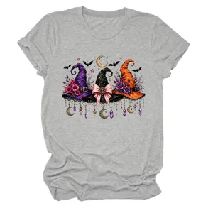 Women's grey short sleeve t-shirt featuring witch hats, bats, and moon graphic detail.