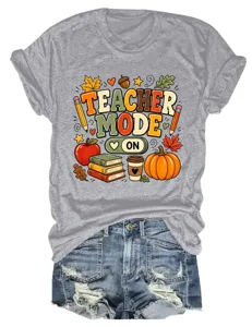 Casual retro dames T-shirt met ronde hals en korte mouwen met leraar modus print.