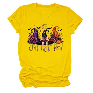 Women cute witch hat graphic tee yellow round neck casual short sleeve t-shirt top