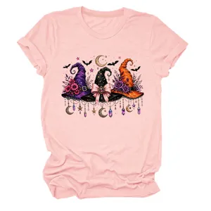 Pink short sleeve t-shirt featuring a cute Halloween witch hat graphic and moon design.