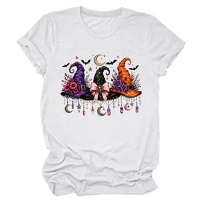 Close up detail of Halloween witches hats print on women white short sleeve t-shirt top graphic