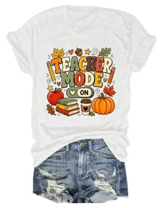Casual dames korte mouw t-shirt met leraar modus herfst grafische print ontwerp.