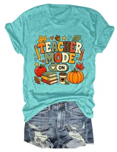Retro Leraar Mode On dames korte mouw t-shirt casual ronde hals top met spijkerbroek detail.