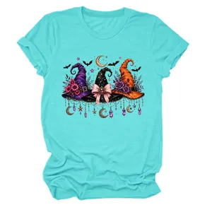 Women turquoise short sleeve t-shirt with Halloween witch hats graphic print casual tee top
