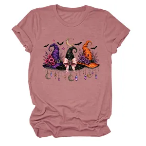 Women Witch Hats Graphic Short Sleeve T-Shirt Casual Crew Neck Tee Tops Fashion