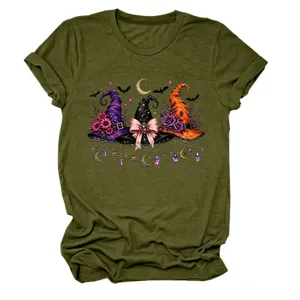 Olive green women casual short sleeve t-shirt featuring cute witch hats moon and bats graphic.