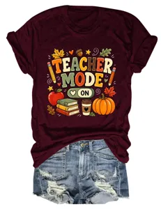 Dames casual ronde hals korte mouw T-shirt met herfstachtige leraar grafische print.