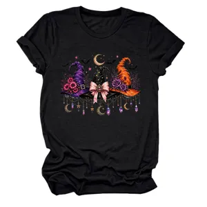 Women's Halloween witch hat graphic short sleeve black t-shirt casual holiday top new