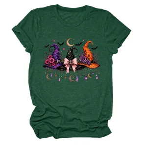 Detailed close-up view of the witch hats graphic print on the dark green casual t-shirt.