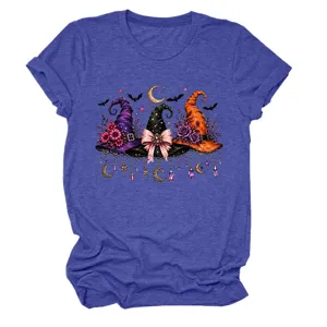 Women halloween witch hats graphic short sleeve crewneck t-shirt casual summer top