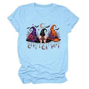 Light blue short sleeve t-shirt for women featuring a magical witch hat moon star graphic print.