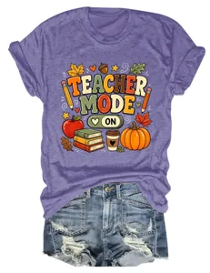 Leraar modus aan paars korte mouw t-shirt casual schattige dames top detail weergave