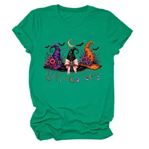 Green short sleeve graphic tee featuring a spooky Halloween witch hat and moon print for women.