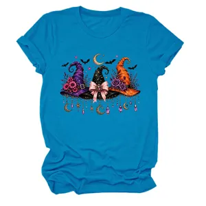 Women blue short sleeve t-shirt featuring cute witch hats and moon graphic print.