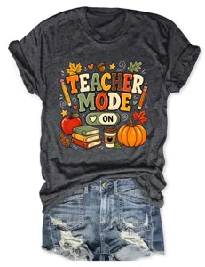 Dames Korte Mouw T-Shirt Casual Ronde Hals Herfst Leraar Grafische Top met Denim Short