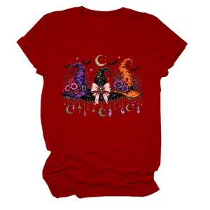 Women's Halloween witch hats graphic short sleeve red round neck casual t-shirt top