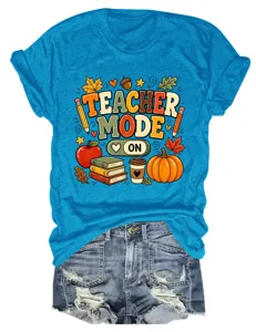 Teacher Mode On Dames Korte Mouw T-Shirt Casual Vintage Ronde Hals Herfst Grafische Top
