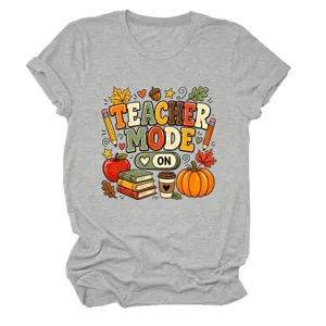 Grijs dames t-shirt met leraar modus print, casual herfst grafisch shirt voor dagelijks gebruik
