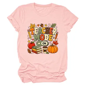 Casual retro dames korte mouw roze t-shirt met leuke leraar mode herfst graphic print.