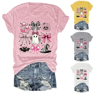 Women cute Halloween ghost bow graphic short sleeve T-shirt casual crewneck summer tee top