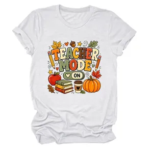 Casual dames T-shirt met ronde hals en korte mouwen met schattige leraar herfst grafische print.