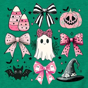 Cute pink ghost and bow Halloween print fabric detail, trendy women's graphic tee design.