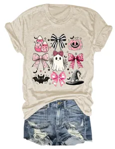 Women Cute Halloween Pink Bow Ghost Bat Witch Hat Graphic Crew Neck Short Sleeve T-Shirt